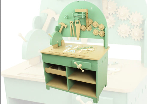 Wooden workbench in baby blue